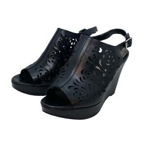 Tahari TA Wedge Sandal Shoe Women’s Size 6.5M Jasmine Black‎ Cut Out Leather